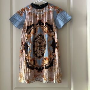 ZARA girl flowy PLEATED FLORAL leaf A-line DRESS band collar short sleeve size 8